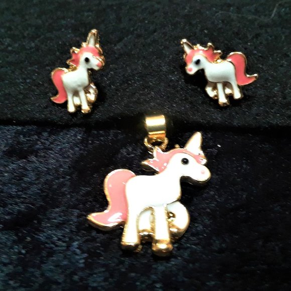 Cute Unicorn Pendant Necklace and Earrings Set - Picture 1 of 7